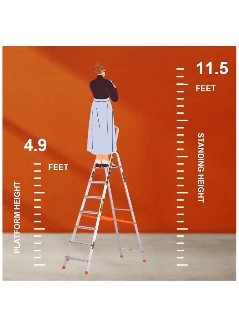 يوروستار سلم خفيف الوزن وقوي مكون من 7 درجات للمنزل مع أحذية مضادة للانزلاق سلم من الألومنيوم (مع منصة) - Image 4